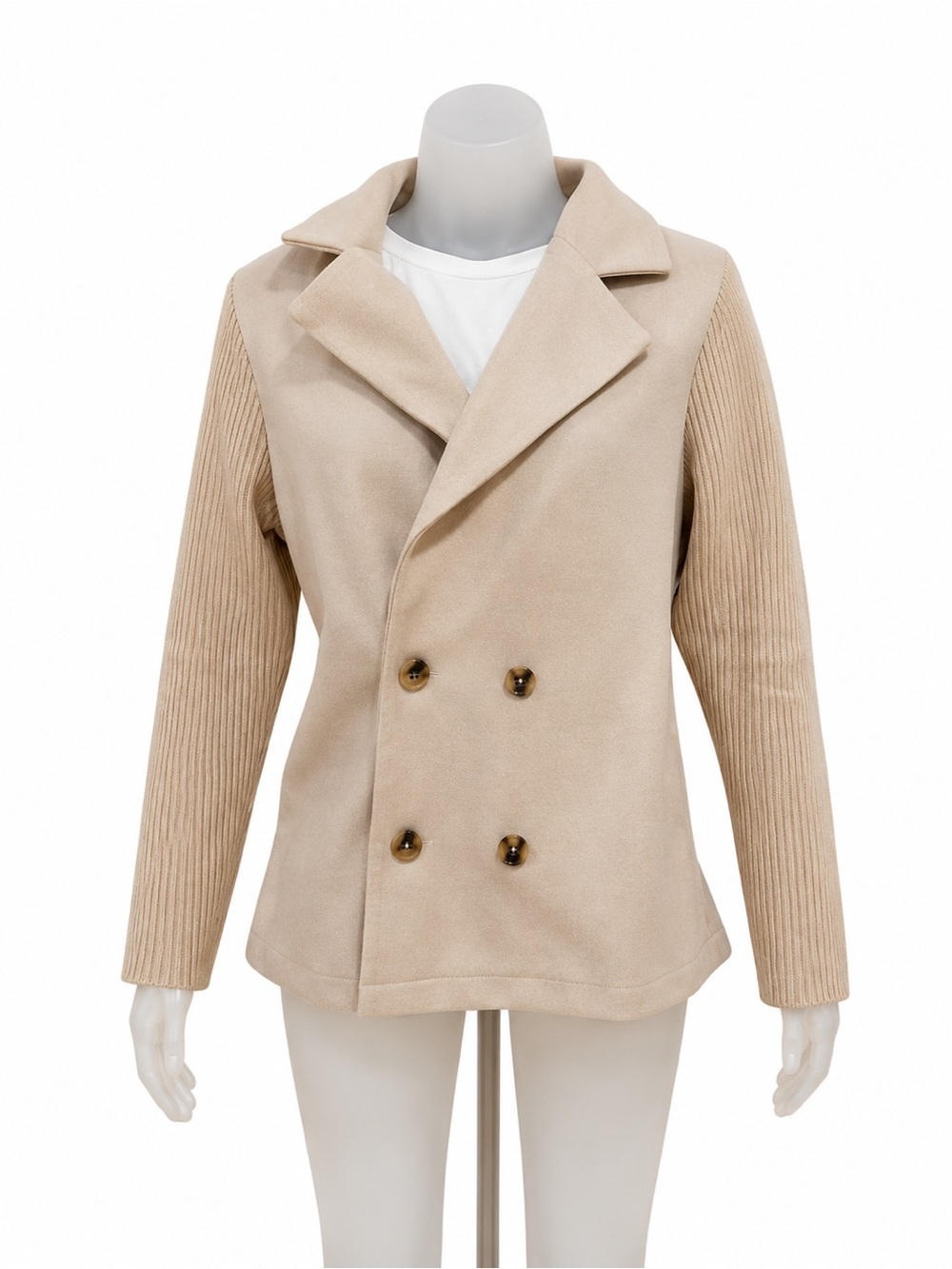 Beige Double-Breasted Sweater Jacket Women’s Medium Ribbed Sleeve Coatigan